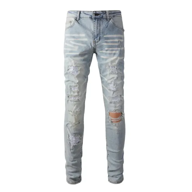 Distressed Slim Fit Jeans Light Wash with Embellished Rips