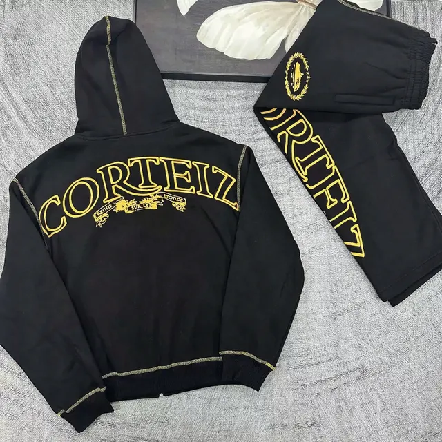 Corteiz Hoodie and Joggers Set Gold Logo