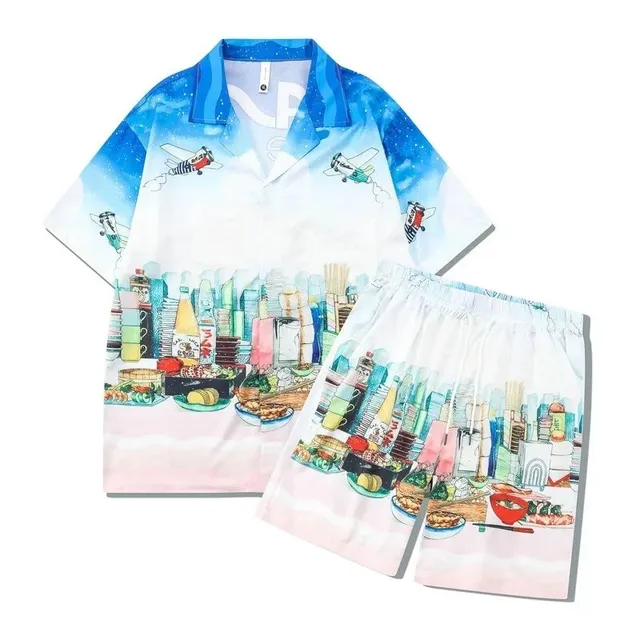 Casablanca Printed Short-Sleeve Shirt and Shorts Set Cityscape and Food Illustration