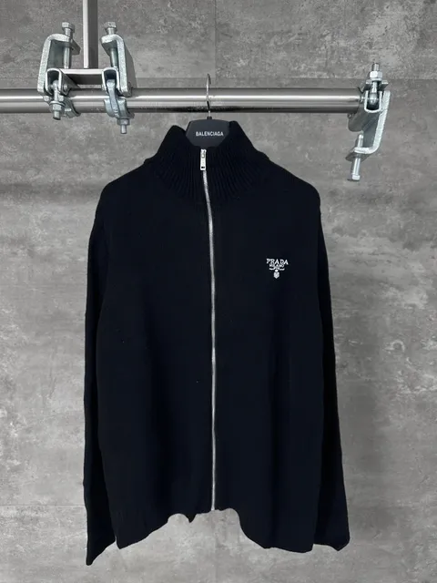 Balenciaga Zip-Up Knit Sweater Prada Logo Embroidery
