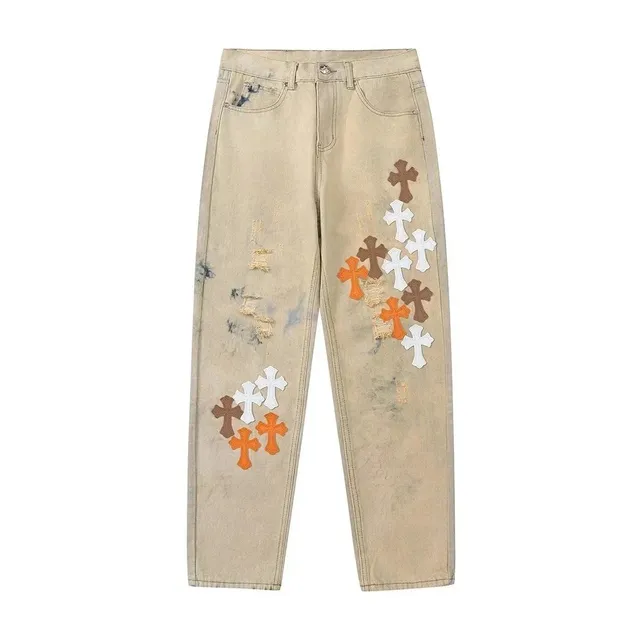 Chrome Hearts Cross-Embroidered Jeans Distressed Beige with Multi-Color Cross Patches