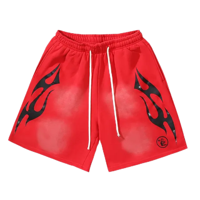Hellstar Flame Shorts Red with Black Flame Print