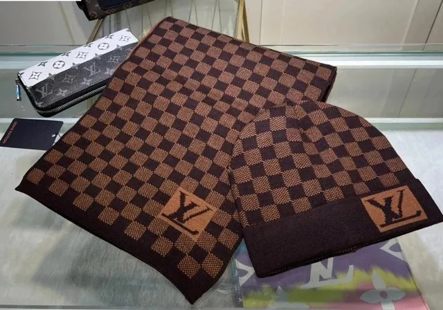 Louis Vuitton Checkered Scarf and Beanie Set