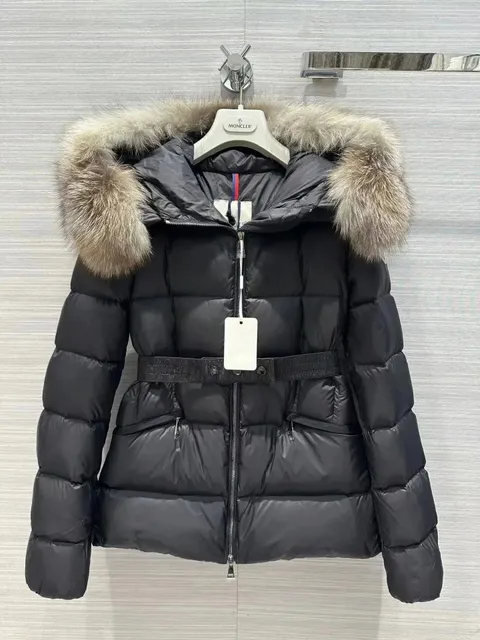 Moncler Short Puffer Jacket Fur-Trimmed Hood with Belt