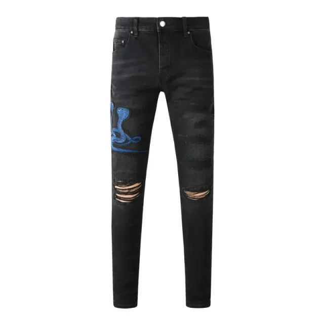 Balenciaga Distressed Jeans Blue Snake Embroidery