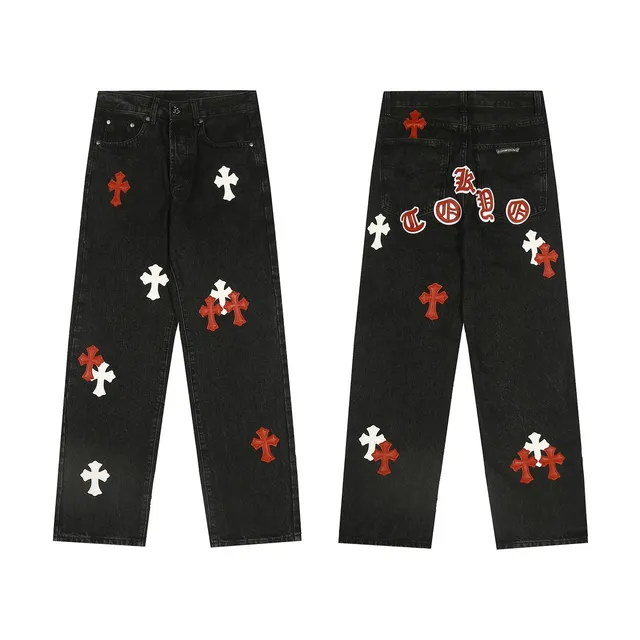 Chrome Hearts Cross Patch Jeans Red and White Crosses