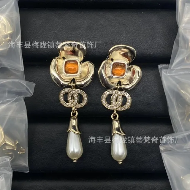 Chanel Floral Earrings Amber Stone and Pearl Drop