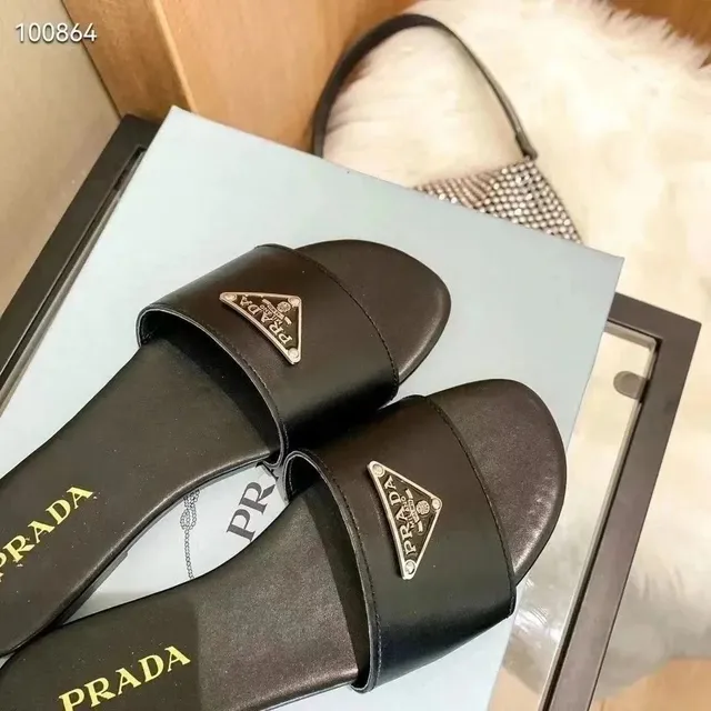 Prada Logo Slide Sandal Metallic Triangle Logo