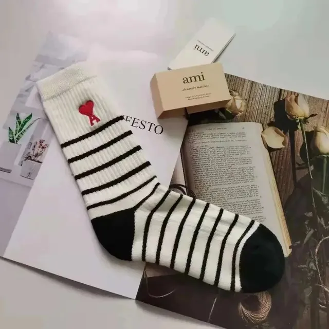 AMI Paris Striped Socks Heart Logo