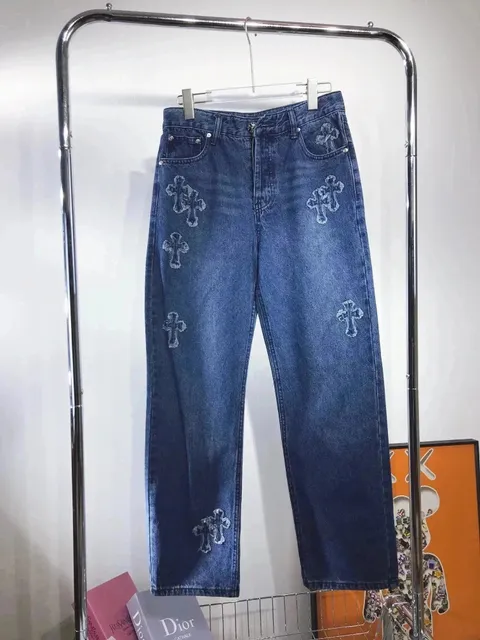 Chrome Hearts Cross Embroidered Jeans Crystal Cross Patch