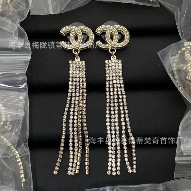 Chanel Crystal Tassel Earrings CC Logo with Rhinestones