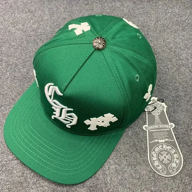 snapback cap green cap with white Chrome Hearts 'CH' and cross embroidery, floral metal button