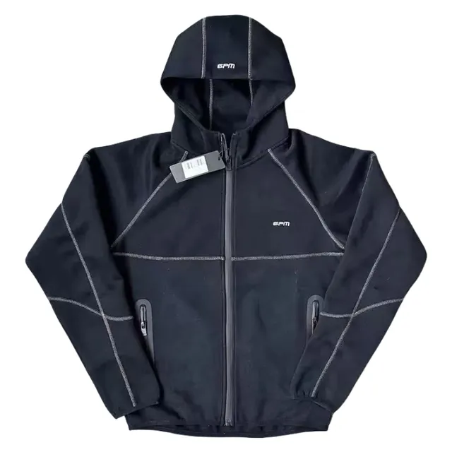 Hooded Fleece Jacket Black with Contrast Stitching
