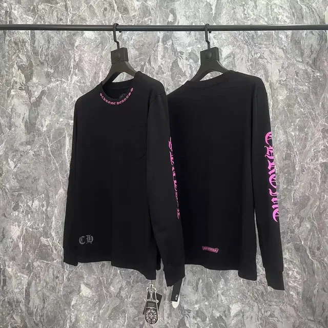 Chrome Hearts Long Sleeve Tee Pink Logo Embroidery