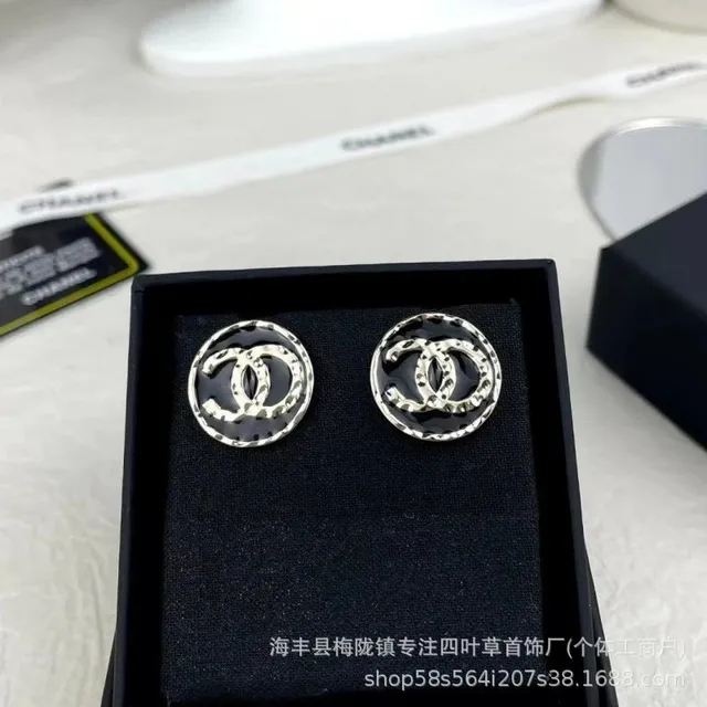 Chanel CC Logo Stud Earrings Hammered Silver with Black Enamel