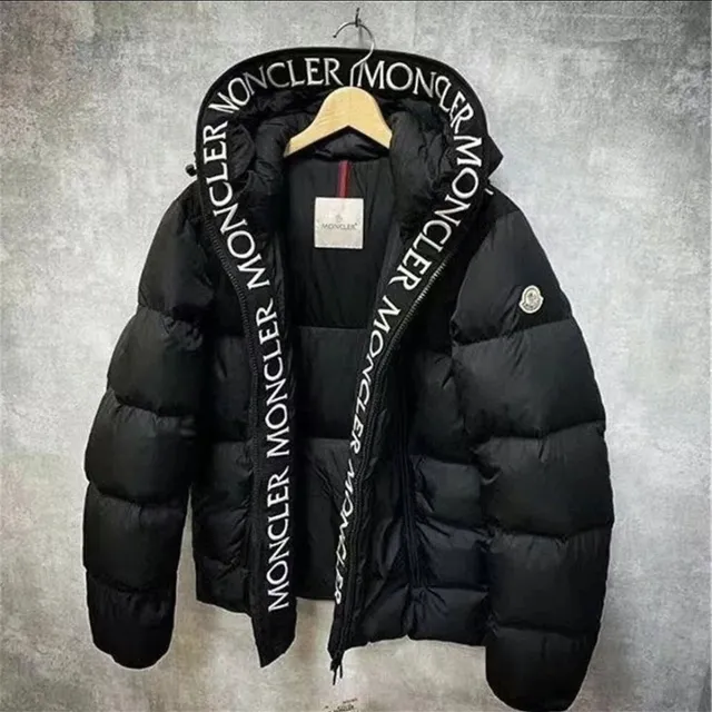 Moncler Logo Tape Puffer Jacket Black with White Logo Tape