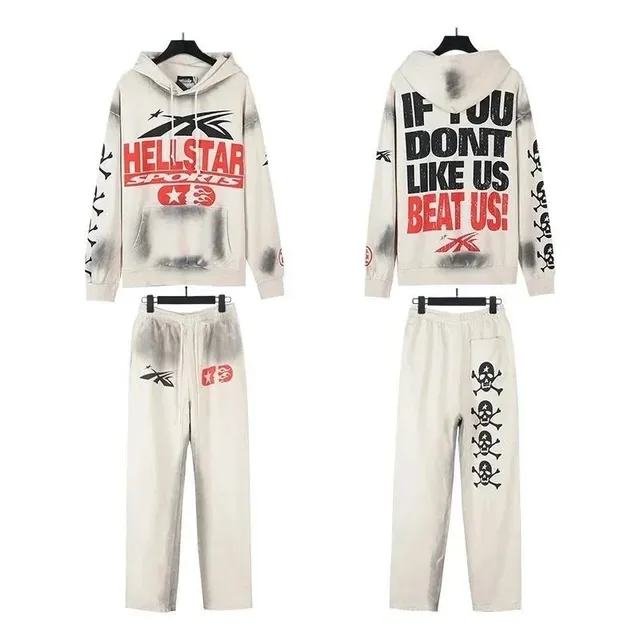 Hellstar Hoodie and Jogger Set Bleached Print with Skulls and Logo
