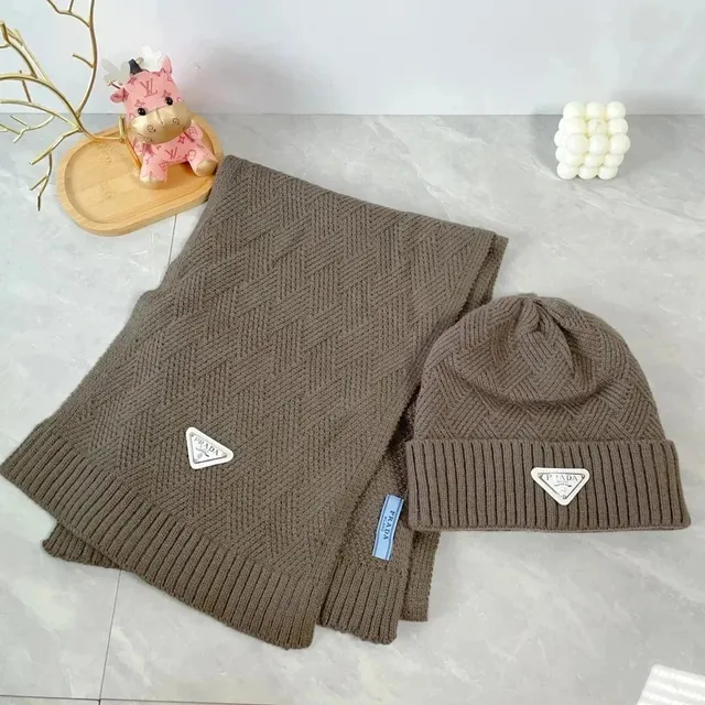 Prada Knit Scarf and Beanie Set Herringbone with Triangle Logo