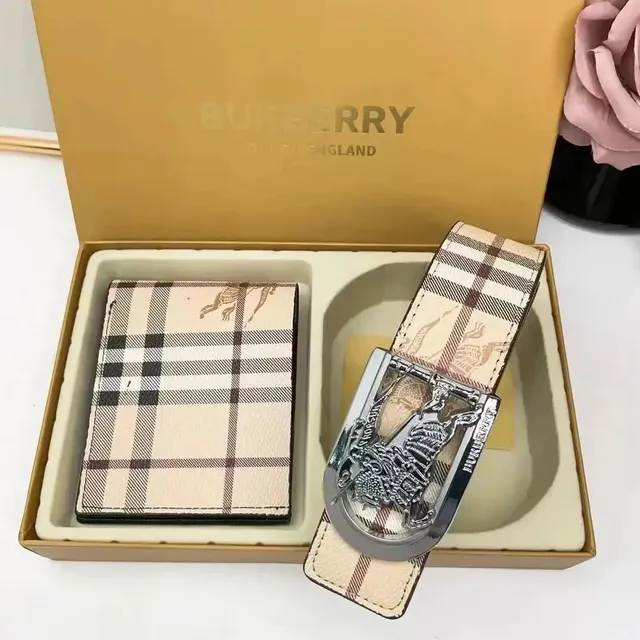 Burberry Check Print Wallet and Belt Set Haymarket Check with Equestrian Knight Buckle
