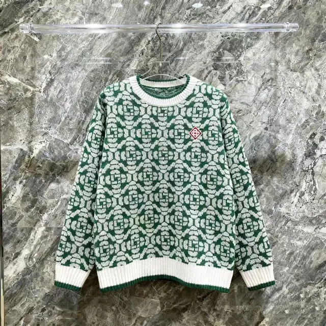 Gucci GG Pattern Knit Sweater Green and White Intarsia