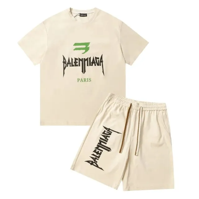 Balenciaga Logo Tee and Shorts Set Beige with Black and Green Logo