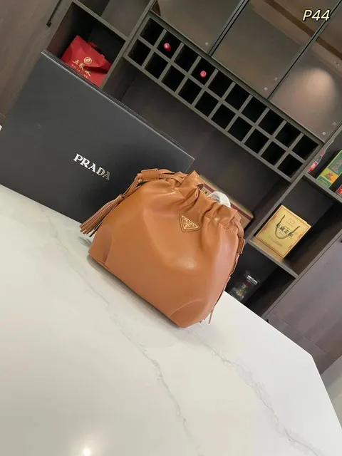 Prada Drawstring Bucket Bag Caramel Leather