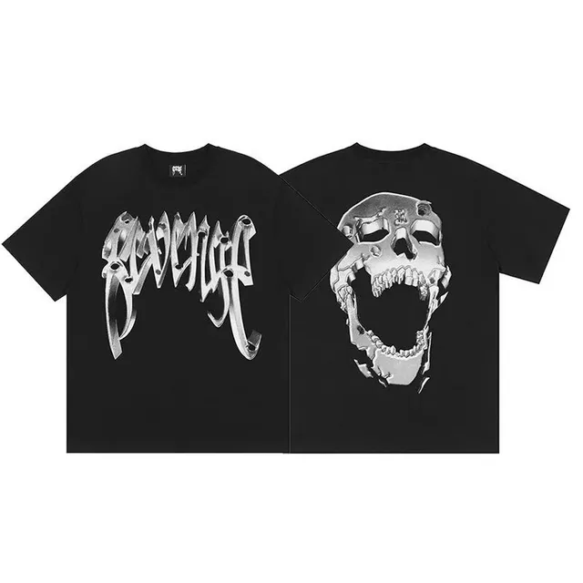 Revenge Skull Graphic Tee Metallic Skull and Logo Print