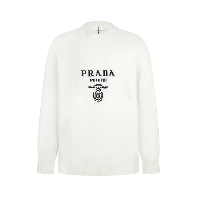 Prada Knit Sweater Logo Intarsia White
