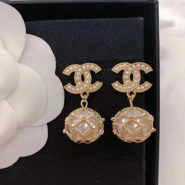 Chanel CC Pearl Drop Earrings Gold Tone with Pearls