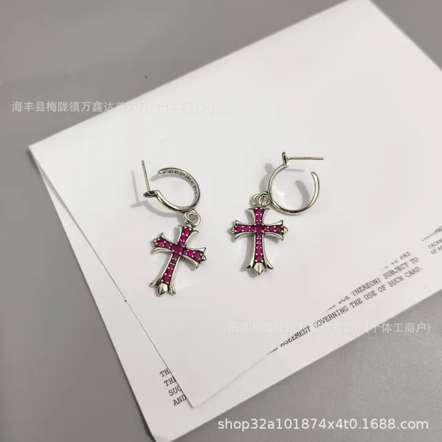 Chrome Hearts Cross Hoop Earrings Pave Pink Crystal