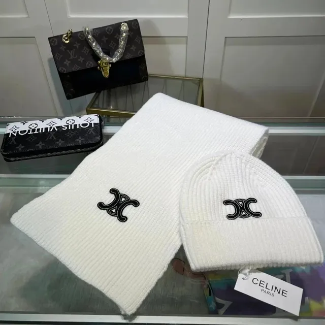 Celine Knit Beanie and Scarf Set CC Logo Embroidered