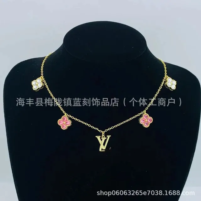 Louis Vuitton Flower Chain Necklace Gold-tone with Pink and White Crystals