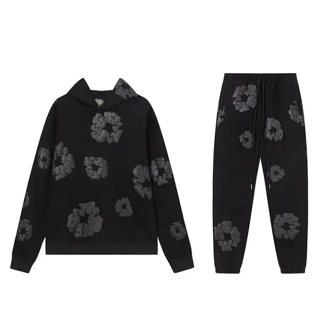 Balenciaga Floral Hoodie and Jogger Set Black with Grey Floral Embroidery