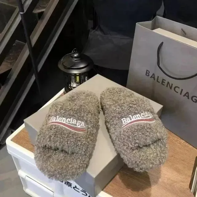 Balenciaga Shearling Slide Logo Embroidered