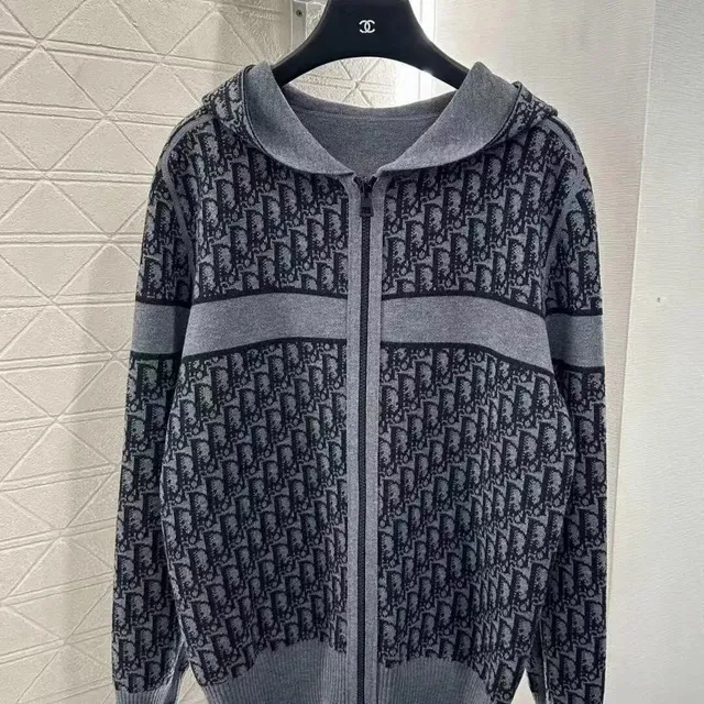 Dior Knit Hooded Zip-Up Oblique Logo Pattern