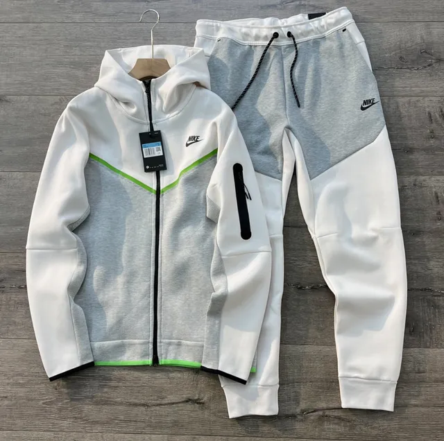 Nike Tech Fleece Hoodie and Joggers White/Grey/Neon Green