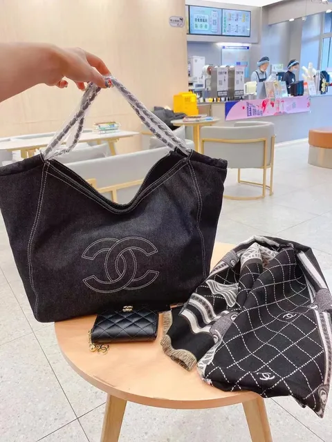 Chanel Denim Tote White Stitch CC Logo