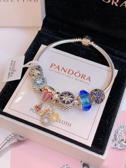 Pandora Snake Chain Bracelet Multi-Charm with Hot Air Balloon and Star