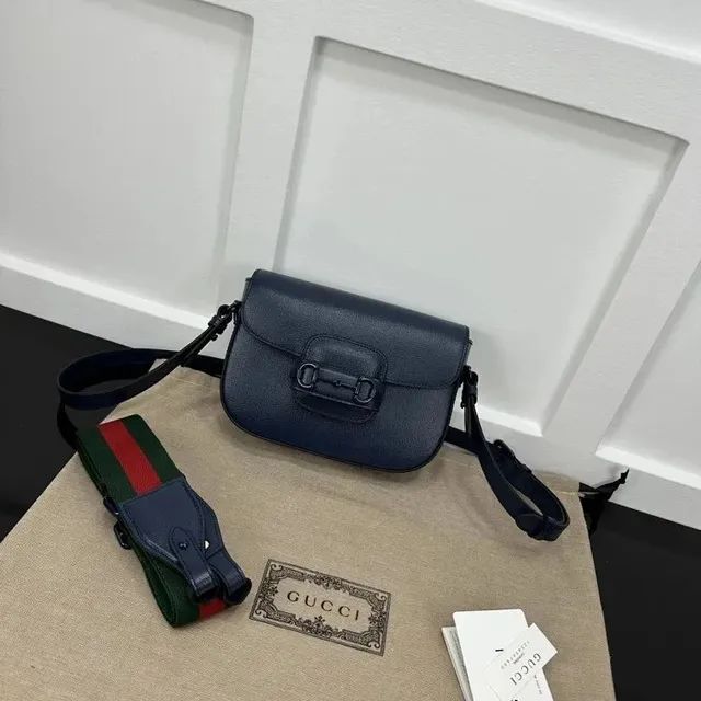 Gucci Horsebit 1955 Mini Shoulder Bag Navy Leather with Web Strap