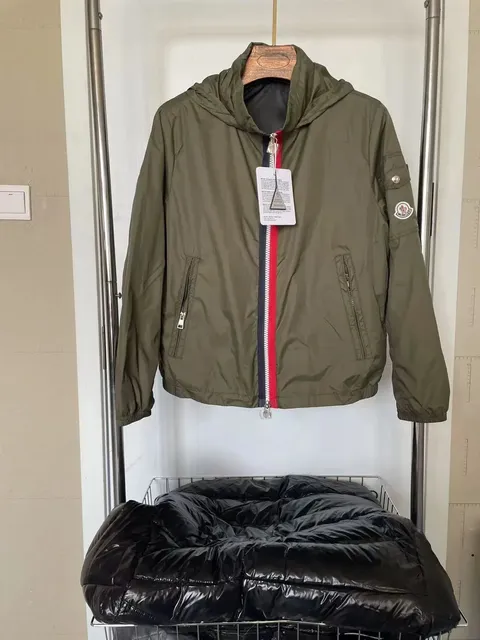 Moncler Hooded Zip-Up Jacket Olive with Red-White-Blue Tape