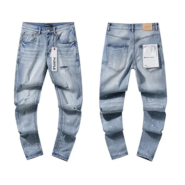 Purple Brand Distressed Slim Fit Jeans Light Wash with Paint Splatter