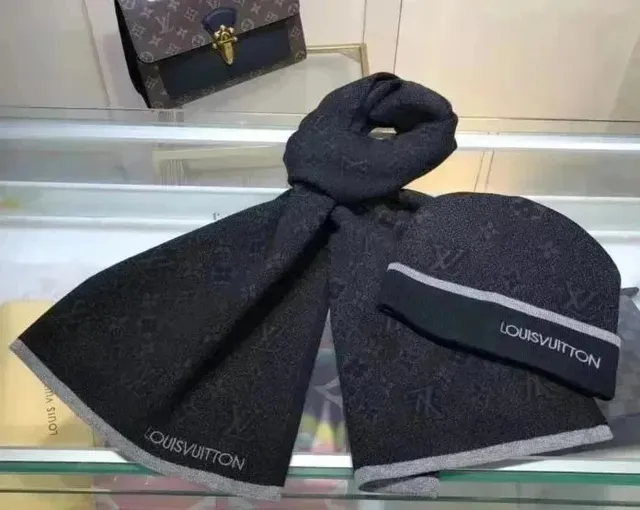 Louis Vuitton Monogram Scarf and Beanie Set Black Monogram