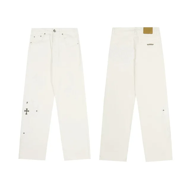 Chrome Hearts Cross Embroidered Jeans White with Silver Cross Studs