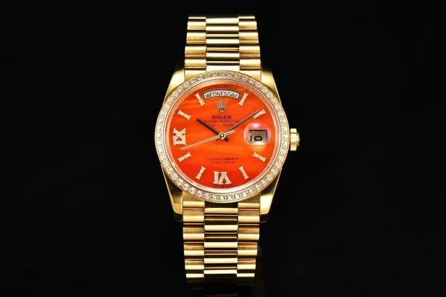 Rolex Day-Date Orange Mother-of-Pearl Dial with Diamond Bezel