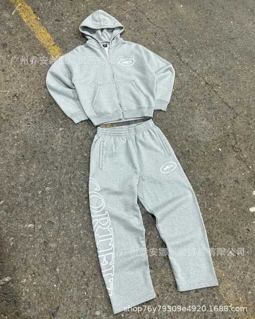 Corteiz Zip-Up Hoodie and Joggers Set Heather Grey with White Logo Print