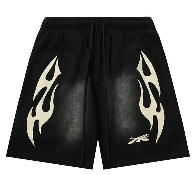 Sp5der Flame Print Shorts Black with Beige Flames