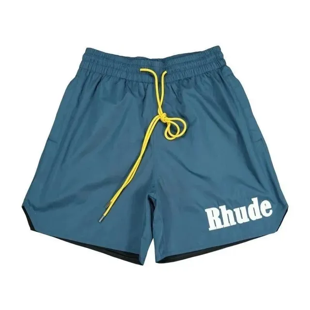 Rhude Logo Shorts Navy with Yellow Drawstring