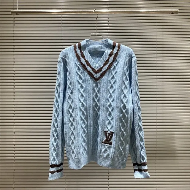 Louis Vuitton V-Neck Cable Knit Sweater Light Blue with Brown Trim