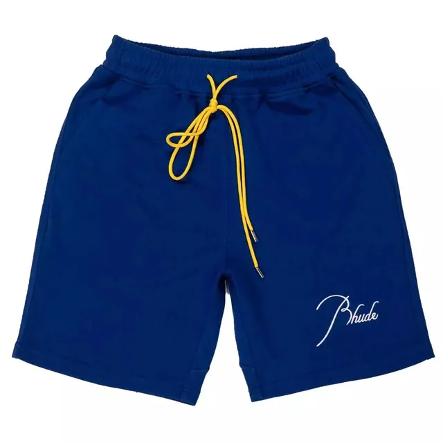 Rhude Embroidered Shorts Navy with Yellow Drawstring