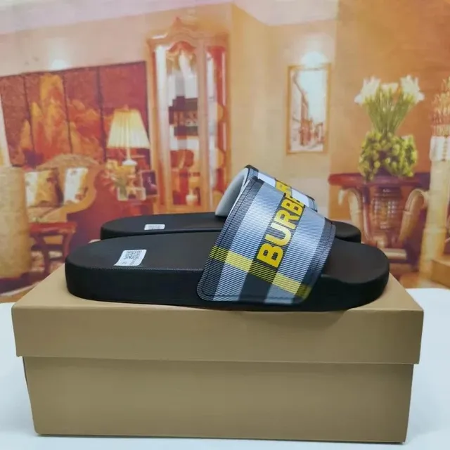 Burberry Logo Stripe Slide Checkered Band with Yellow Logo